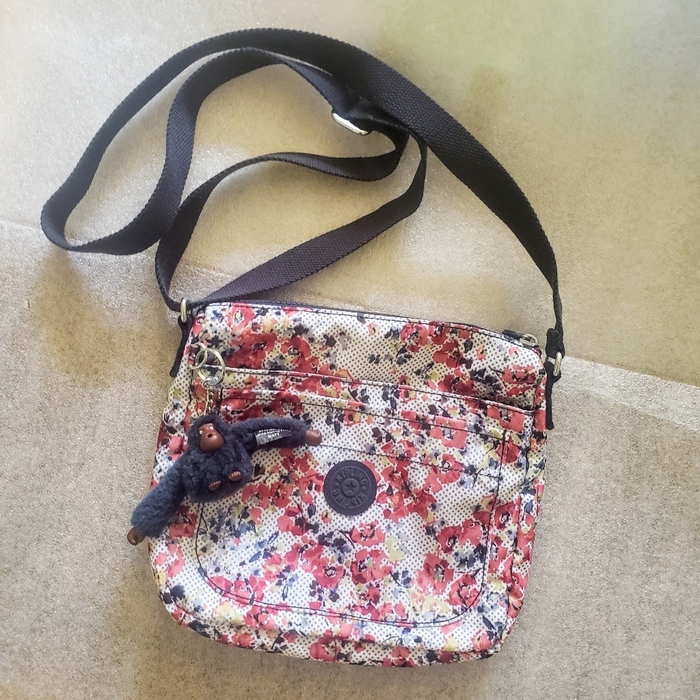 Kipling Floral Crossbody Bag – Lightweight Nylon Multi Pocket Purse